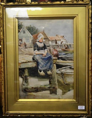 Lot 1107 - Robert Jobling (1841-1923) ";Volendam"; A Dutch figure resting on a pier, signed, inscribed and...