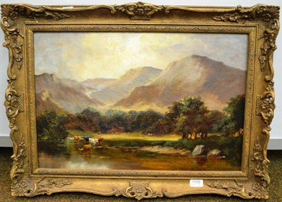 Lot 1109 - A de Breanski (19th/20th century) Cattle watering in the highlands, signed, oil on canvas, 39cm...