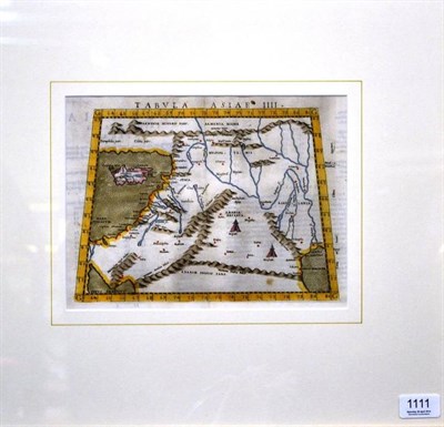 Lot 1111 - Tabula Asiae IIII, hand coloured 16th century map of the Holy Land, mounted , framed and...