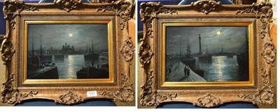 Lot 1131 - Walter Meegan (1859-1944) Liverpool docks by moonlight, one signed, oil on canvas, 21cm by 32cm...