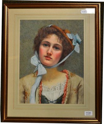 Lot 1134 - M* Joyce (19th/20th century) ";The Blue Ribbon";, Country girl wearing a straw bonnet, tied...