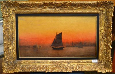 Lot 1135 - Circle of Albert Goodwin (1845-1932) Shipping at sunset, bears signature, oil on canvas, 30cm...