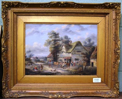 Lot 1141 - Circle of Edwin Masters (19th century) Figures before a thatched tavern in a village setting,...