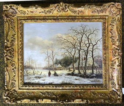 Lot 1151 - Gerrit Hendrick Gobell (1786-1833) Dutch, Faggot gatherers in a winter landscape, signed and...