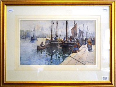 Lot 1163 - Frank Rousse (fl. 1897 1917) Shipping in Whitby harbour, signed watercolour, 27cm by 46.4cm