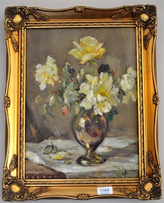 Lot 1164 - Owen Bowen ROI, PRCam.A (1873-1967) Still life of white roses, signed, oil on canvas, 39.5cm by...