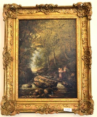 Lot 1166 - Joseph Mellor (fl.1850-1885) Figures crossing a woodland stream; Figures collecting flowers...