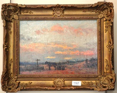 Lot 1167 - English School (19th/20th century) Horse, cart and figure at rest in a sunset landscape,...