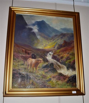 Lot 1174 - Daniel Sherrin (1868-1940) Highland cattle in a misty landscape, signed, oil on canvas, 74cm by...