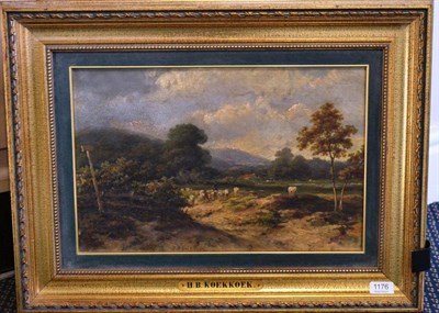 Lot 1176 - Follower of H.B. Koek Koek (19th century) Shepherd and sheep in a landscape, bears signature,...