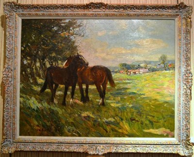 Lot 1185 - James William Booth RCamA (1867-1953) Horses in a sunlit field, signed, oil on canvas, 69.5cm...