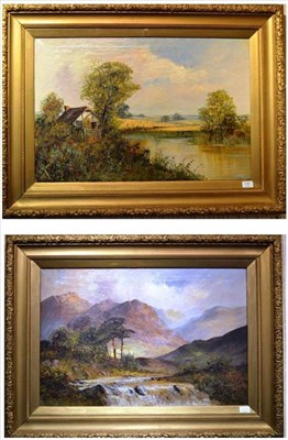 Lot 1187 - F.E. Jamieson (19th/20th century) An extensive summer landscape at harvest time; Highland...