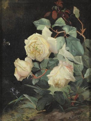 Lot 1189 - Alexandre Debrus (1843-1905) Still life of white roses on a bank, signed and dated 1892, oil on...