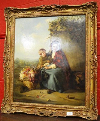 Lot 1199 - Continental School (19th century) A flower seller with a young boy, signed with a monogram, oil...