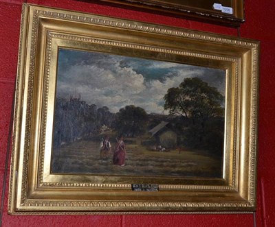 Lot 1207 - John Joseph Hughes (1820-1909) ";Haymaking";, signed, inscribed on a plaque, oil on canvas, 33cm by