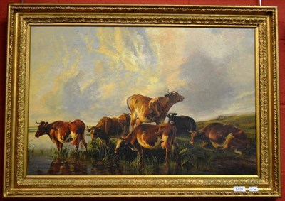 Lot 1209 - F. Cox after Thomas Sidney Cooper (19th century) Cattle watering in a landscape, signed and...