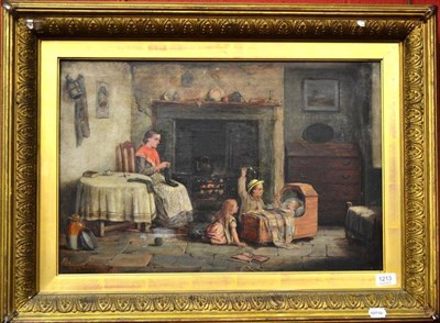 Lot 1213 - S... Dawson (19th century) Interior scene with a girl knitting beside a fireplace, children nearby