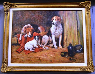 Lot 1217 - British School (20th century) ";Hounds and Terrier";, unsigned, acrylic on canvas, 76cm by 102cm