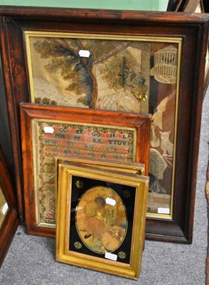 Lot 1225 - Georgian silkwork picture, sampler dated 1884 and pair of late George III silkwork pictures (4)