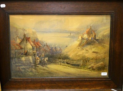 Lot 1255 - Frederick William Booty (1840-1924) Figures and a horse and cart before Staithes cottages and...