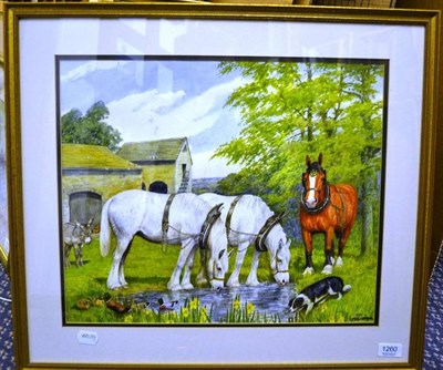 Lot 1260 - Dorothy Margaret Alderson (1900-1992) Shire horses watering in a farmyard with other animals,...