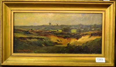 Lot 1269 - Charles Eyles (1851-1929) ";The Sandpits, Suffolk Landscape";, signed, oil on panel, 17cm by 36cm