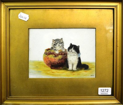 Lot 1272 - Bessie Bamber (fl.1900-1909) A study of two kittens, initialled, oil on milk glass, 14.5cm by 19cm