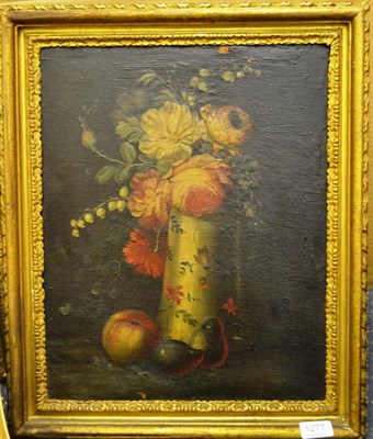 Lot 1277 - Continental School (18th/19th century) Still life of flowers in a patterned vase, with fruit in the