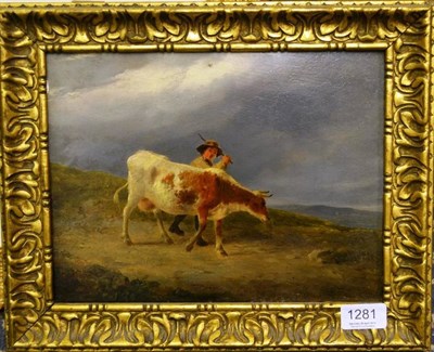 Lot 1281 - Follower of J C Ibbetson (19th century) Figure driving cattle in a landscape, oil on panel, 21cm by