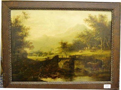 Lot 1287 - British School, Mountainous landscape with cattle watering, oil on panel, 38.5cm by 53.5cm