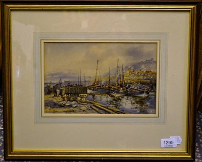 Lot 1295 - Frank Rousse (fl.1897-1917) Whitby with figures and fishing boats in the foreground, signed, pencil