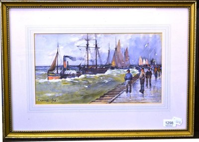 Lot 1298 - Frank Rousse (fl.1897-1917) Steam tug off a pier, with other fishing boats nearby, signed and dated