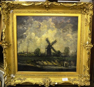 Lot 1307 - Dutch School (19th century) Landscape with windmill and figures, oil on panel, 38cm by 42cm