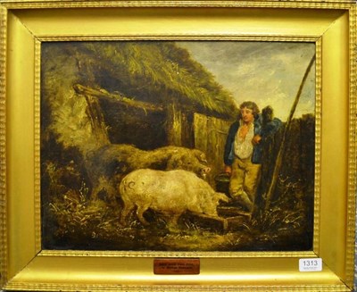 Lot 1313 - Circle George Morland (1763-1804) Boy and two pigs, bears initials and date 1792, oil on panel,...