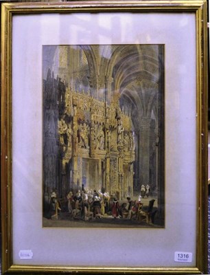 Lot 1316 - Attributed to Samuel Prout (1783-1852) ";Interior of Chartres Cathedral";, inscribed,...