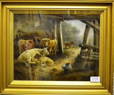 Lot 1318 - W*P* Hollyer (19th/20th century) Cattle at rest in a barn, signed, signed verso, oil on canvas,...