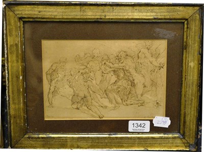 Lot 1342 - By or after Stephen Slaughter (1697-1765) Nude Figures after Parmigiano, etching in brown ink, 14cm