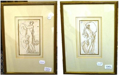 Lot 1343 - Circle of Joseph Wilton RA (1722-1803) Studies of Classical figures, pencil, pen & ink, 17cm by...