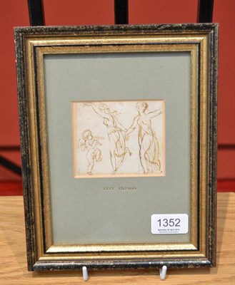 Lot 1352 - Attributed to William Etty (1787-1849) Dancing maidens with a cherub piper, pen and ink, 7cm by 9cm