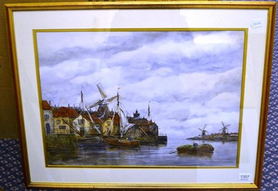 Lot 1357 - Jan Van Couver (1836-1909) Shipping off a Dutch pier with windmills beyond, signed, watercolour...