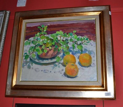 Lot 1358 - Rafael Monzó (b.1952) Spanish, ";Flores et Naranjas";, signed, oil on canvas, 45cm by 55cm