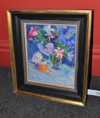 Lot 1361 - Josephine Graham (20th century) ";Still Life with Petunias";, signed, oil on canvas, 24cm by...