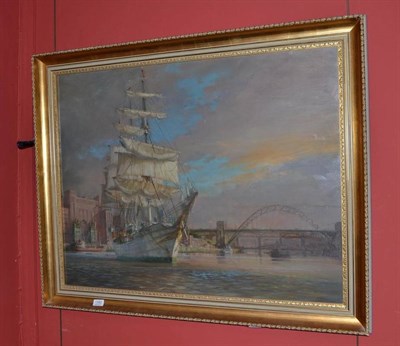 Lot 1382 - Walter Holmes (b.1936), Tall ship on the Tyne, signed, oil on board, 71cm by 91cm