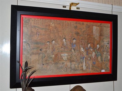 Lot 1391 - A Chinese woodblock print depicting figures 55cm by 95cm