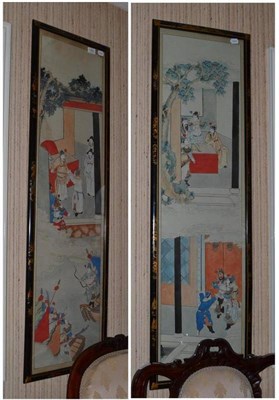 Lot 1393 - Pair of Chinese watercolour panels, figures in a pavilion contained within black and gilt...