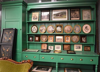 Lot 1457 - ^ Green painted kitchen dresser of massive proportions, with rack, 274cm long, 272cm high; and...