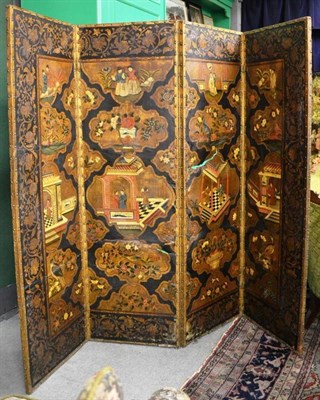 Lot 1458 - Dutch chinoiserie leather four-fold screen, 184cm high