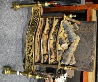 Lot 1490 - George III style brass fire basket, small fire basket and flat iron