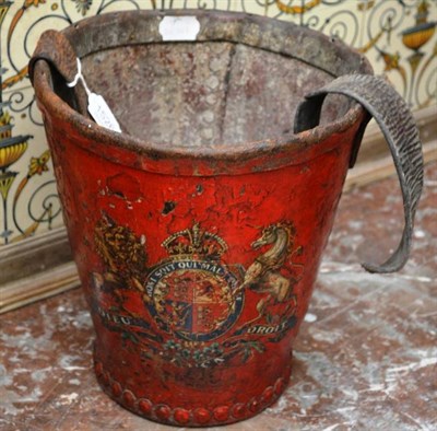 Lot 1526 - A 19th century red leather fire bucket, painted with the Royal coat of arms and emblems of the...