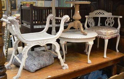 Lot 1532 - Cream painted dressing stool of recent date, standard lamp, circular coffee table, corner chair and